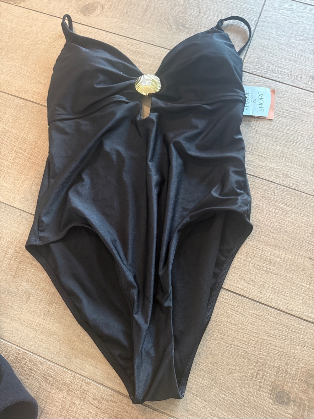 Classic Black One-Piece Swimsuit with Gold Shell Accent Shade & Shore New XL